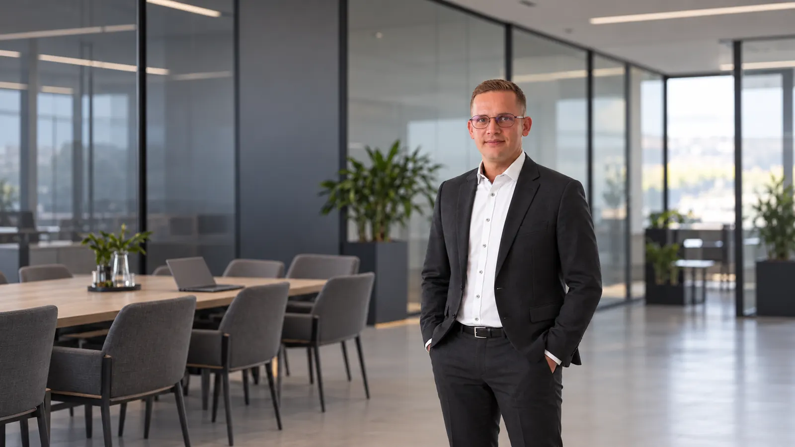 Eduard Keil im dunklen Sakko in einem modernen Büro