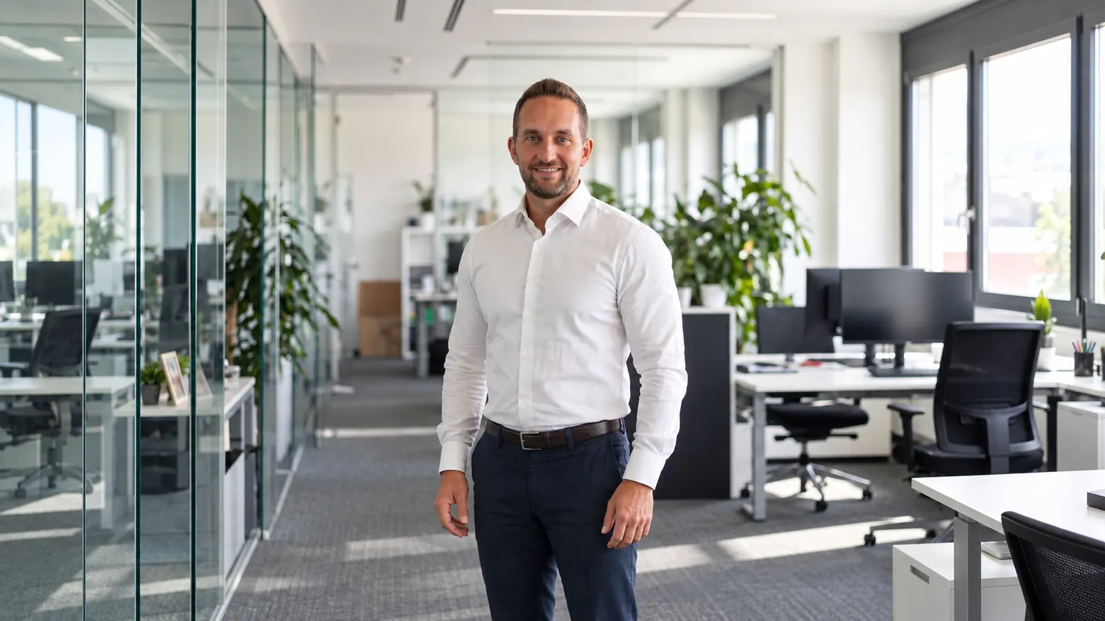 Stefan Dürr steht im hellen Büro